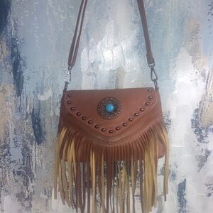 Vintage Vegan Canon Sky Brown Fringe Shoulder Bag
